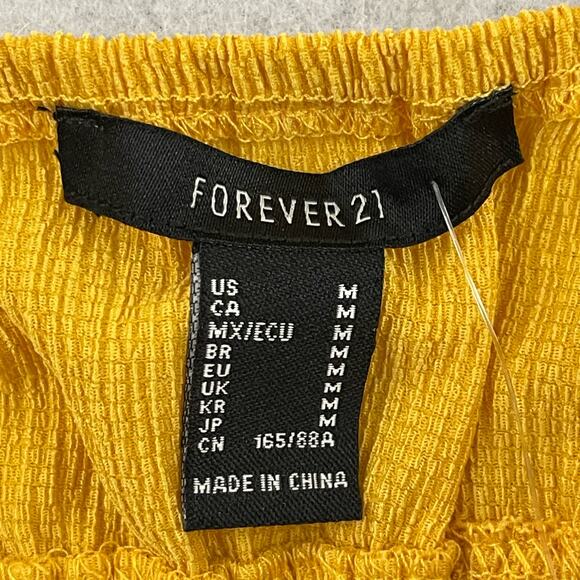 Forever 21 Yellow Smocked Knit Crop Top Medium Midriff Peplum Flair Strappy NWT - Picture 2 of 11